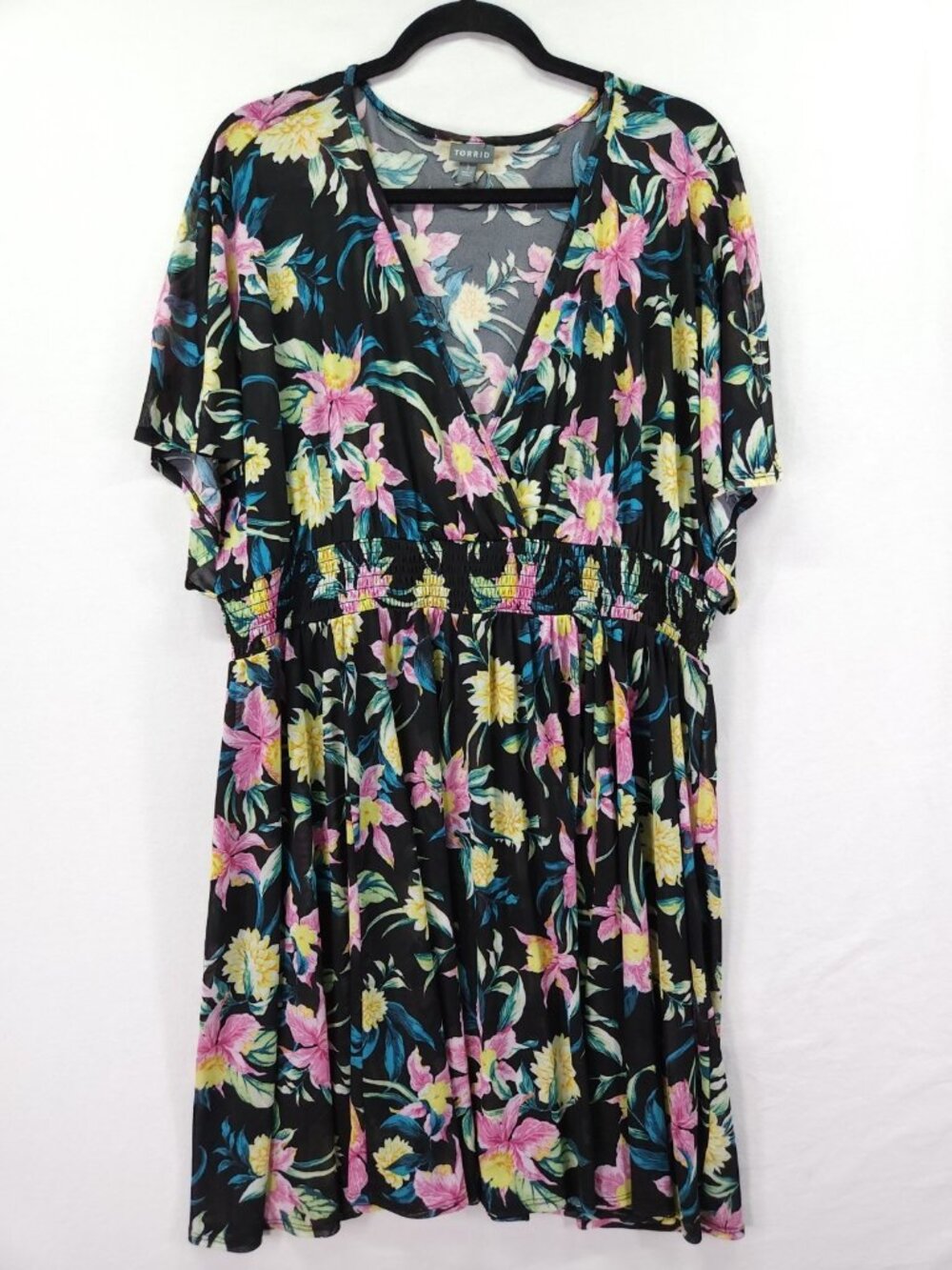Torrid Womens 3X Tropical Floral Mesh Faux Wrap Swim Cover Up Dress Short Sleeve